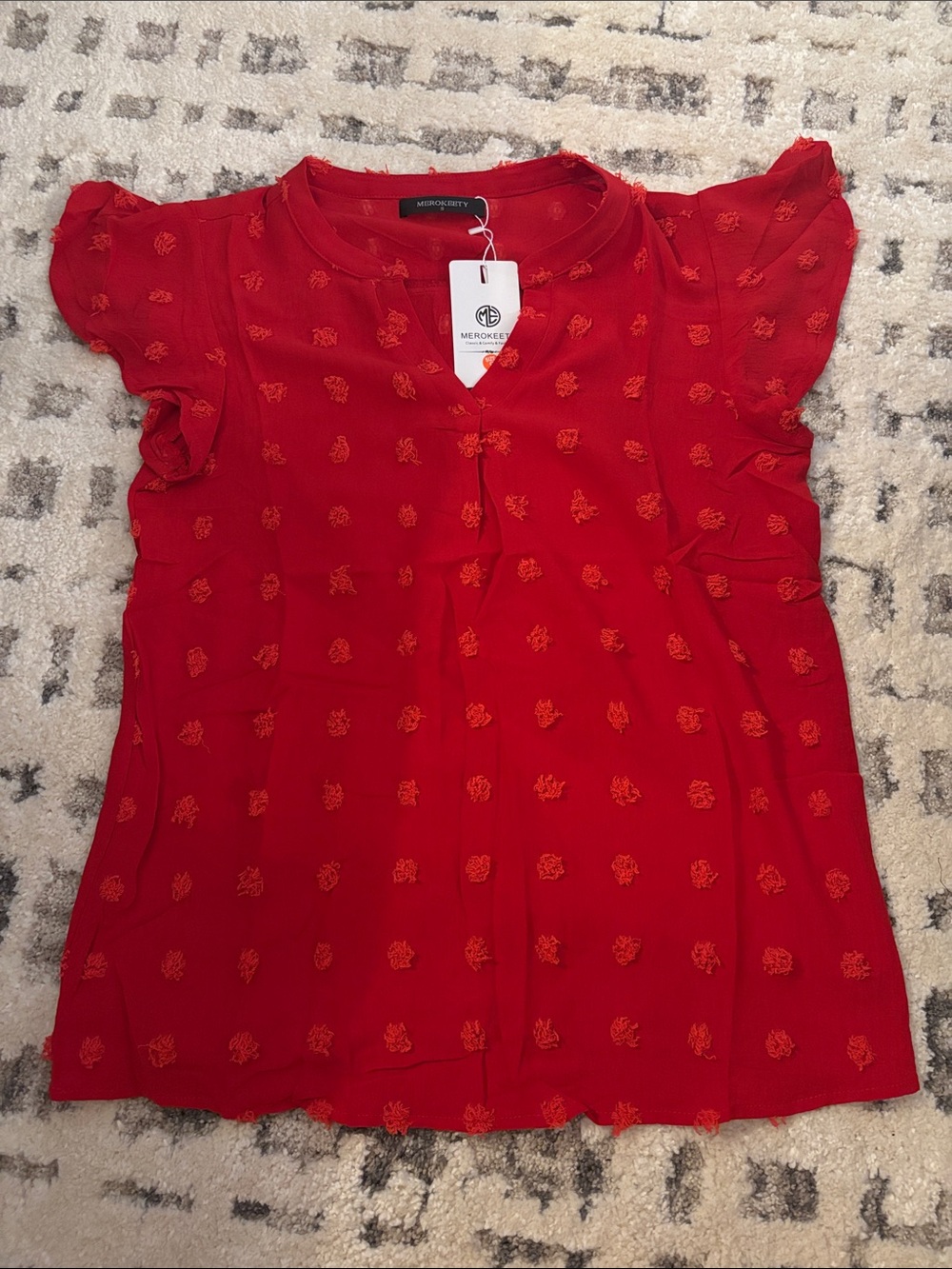 Merokeety Red Flutter Sleeve Blouse